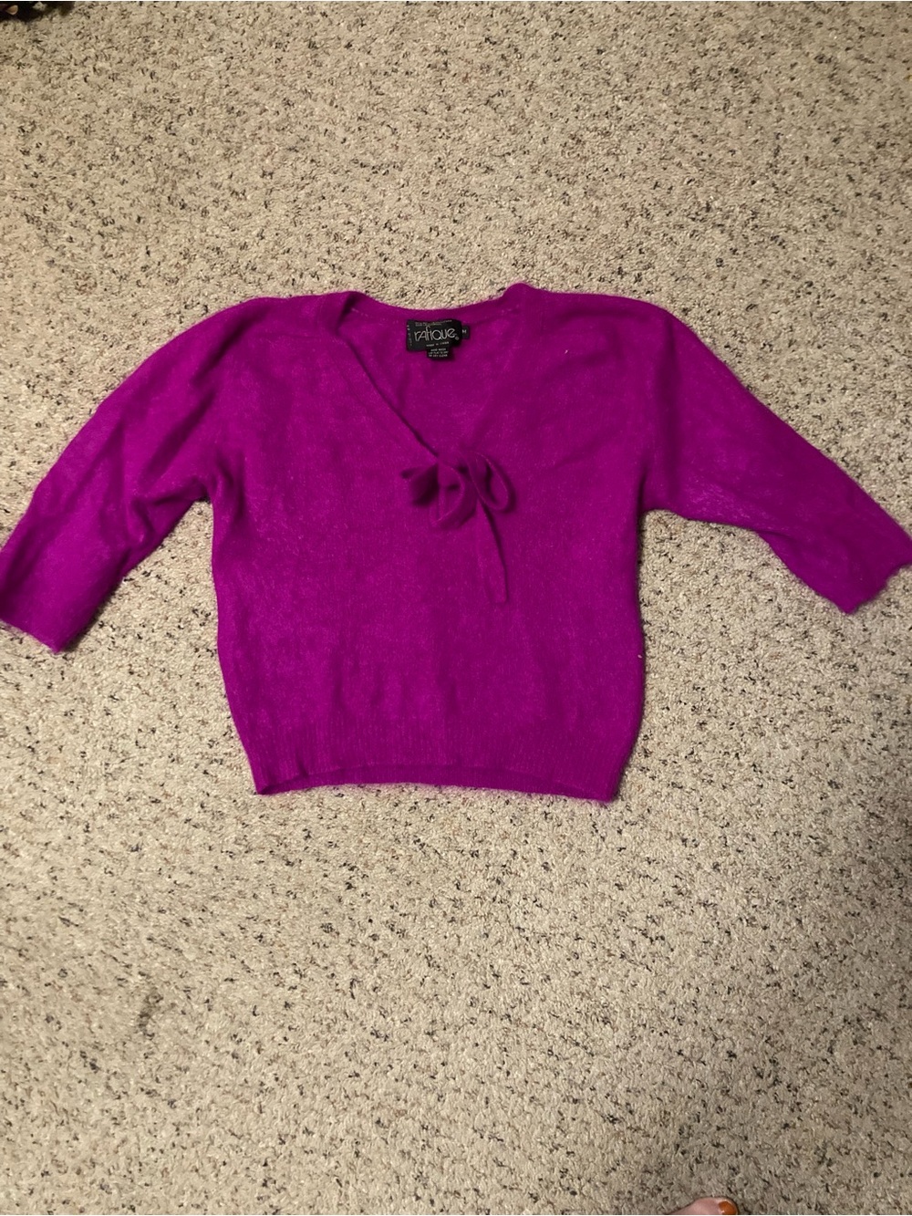 Vintage 80s bright neon purple short sleeve cropped sweater wool and angora bow